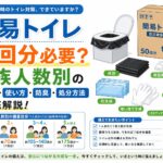 簡易トイレは何回分必要かを、家族人数別の7日分の備蓄目安とともに示した防災記事のアイキャッチ画像。 1人35回、2人70回、3人から4人105回から140回、5人以上175回を目安として、便袋、凝固剤、防臭袋、使い捨て手袋、トイレットペーパー、LEDランタンなど必要な用品を紹介している。 簡易トイレの備蓄数、使い方、防臭、処分方法を解説する内容を表している。