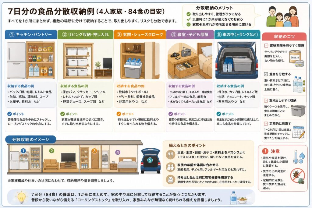 4人家族の7日分に当たる84食の災害用食料を、一か所へまとめず複数の場所へ分けて保管する方法をまとめた図解。
キッチンやパントリーには、パックご飯、乾麺、レトルト食品、缶詰、スープなど、普段使いながら補充するローリングストック食品を置く。
リビング収納や押し入れには、保存パン、クラッカー、シリアル、レトルトのおかず、野菜ジュースなど、家族が取り出しやすい食品を保管する。
玄関やシューズクロークには、飲料水、ゼリー飲料、栄養補助食品、非常用のおやつなど、避難時に持ち出しやすい食品を準備する。
寝室や子ども部屋には、小分けの菓子、栄養補助食品、アレルギー対応食品、離乳食、水がなくても食べられる食品などを置く。
車内には、保存水、カップ麺、レトルトご飯、缶詰、チョコレート、ナッツなどの例を示しているが、夏の高温や商品の保管条件に注意する必要がある。
食料は主食、主菜、副菜、菓子、飲料水を偏りなく組み合わせ、家族の年齢、体調、食物アレルギー、持病による食事制限に合わせて調整する。
賞味期限を見やすく表示し、古い物から使用すること、重い飲料や缶詰は低い位置へ置くこと、収納場所を家族で共有すること、半年に一度など定期的に点検することも案内している。
