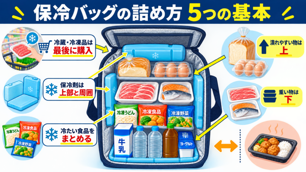 冷蔵・冷凍食品を最後に購入し、重い物を下、潰れやすい物を上へ入れ、保冷剤を上部と周囲へ配置する方法を示した図解