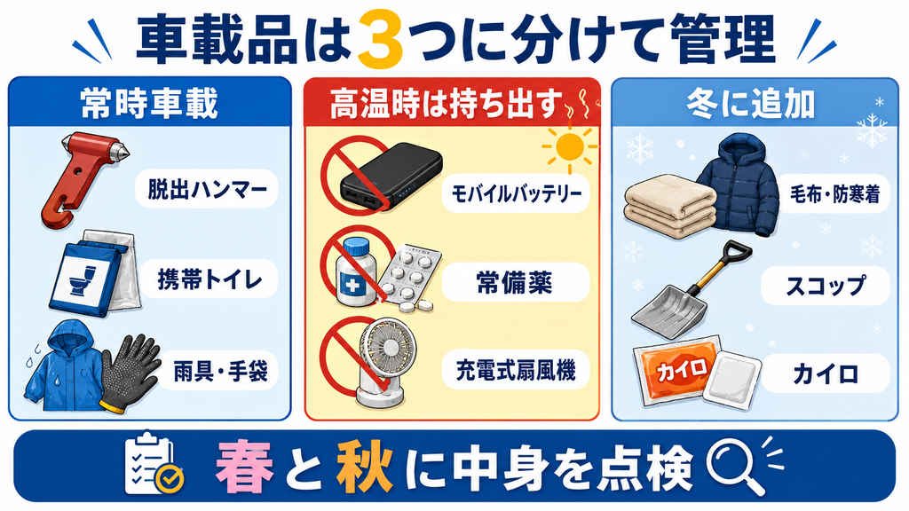 車載防災用品を、常時車載する物、高温時に車から持ち出す物、冬に追加する物の3種類に分けた図解