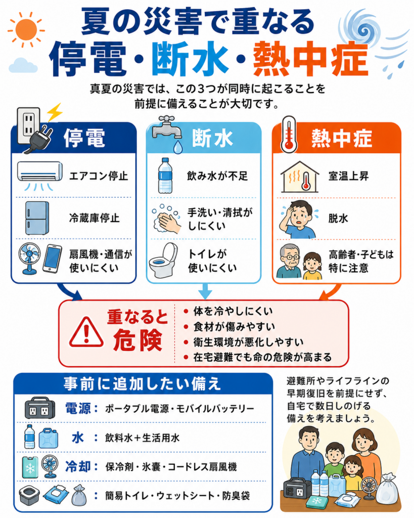 夏の災害で停電、断水、熱中症が同時に重なる危険性と、追加したい備えをまとめた図解。
停電によってエアコン、冷蔵庫、扇風機、通信機器が使いにくくなることを示している。
断水によって飲料水が不足し、手洗い、身体の清拭、トイレなども制限されることを示している。
猛暑では室温が上昇し、脱水や熱中症の危険が高まり、特に高齢者や子どもへ注意が必要であることを案内している。
停電、断水、猛暑が重なると、身体を冷やしにくい、食品が傷みやすい、衛生環境が悪化しやすいなど、在宅避難の危険が高まる。
事前に追加したい備えとして、ポータブル電源、モバイルバッテリー、飲料水、生活用水、保冷剤、氷嚢、コードレス扇風機、簡易トイレ、ウェットシート、防臭袋などを紹介している。
避難所やライフラインがすぐに使えるとは限らないため、自宅で数日過ごす状況を想定して備えることも示している。
