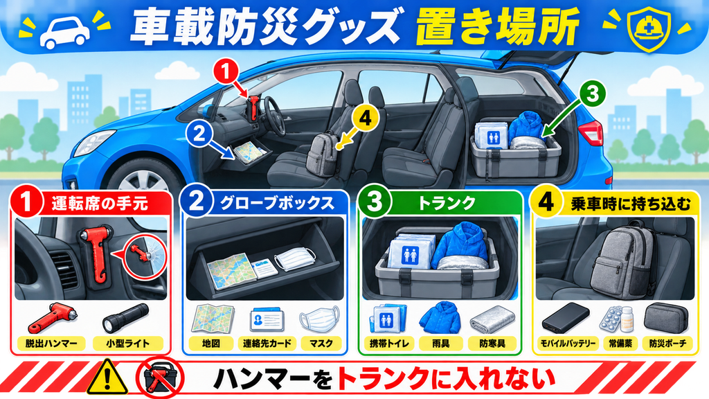 脱出ハンマーと小型ライトは運転席の手元、地図や連絡先カードはグローブボックス、携帯トイレや雨具はトランクへ収納する配置図