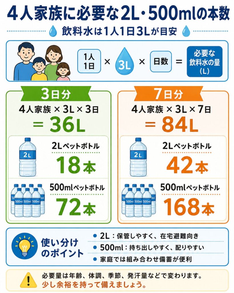 4人家族に必要な飲料水の量を、2リットルと500ミリリットルのペットボトル本数へ換算した図解。
飲料水は1人1日3リットルを一つの目安として、4人家族では3日分で36リットル、7日分で84リットル必要になることを示している。
3日分の36リットルは、2リットルのペットボトルで18本、500ミリリットルのペットボトルで72本。
7日分の84リットルは、2リットルのペットボトルで42本、500ミリリットルのペットボトルで168本になる。
2リットルは保管しやすく在宅避難用に向き、500ミリリットルは持ち出しやすく家族へ配りやすいため、両方を組み合わせて備える方法を案内している。
必要量は年齢、体調、季節、発汗量、食事内容、服薬などによって変わるため、少し余裕を持って準備する必要があることも示している。
