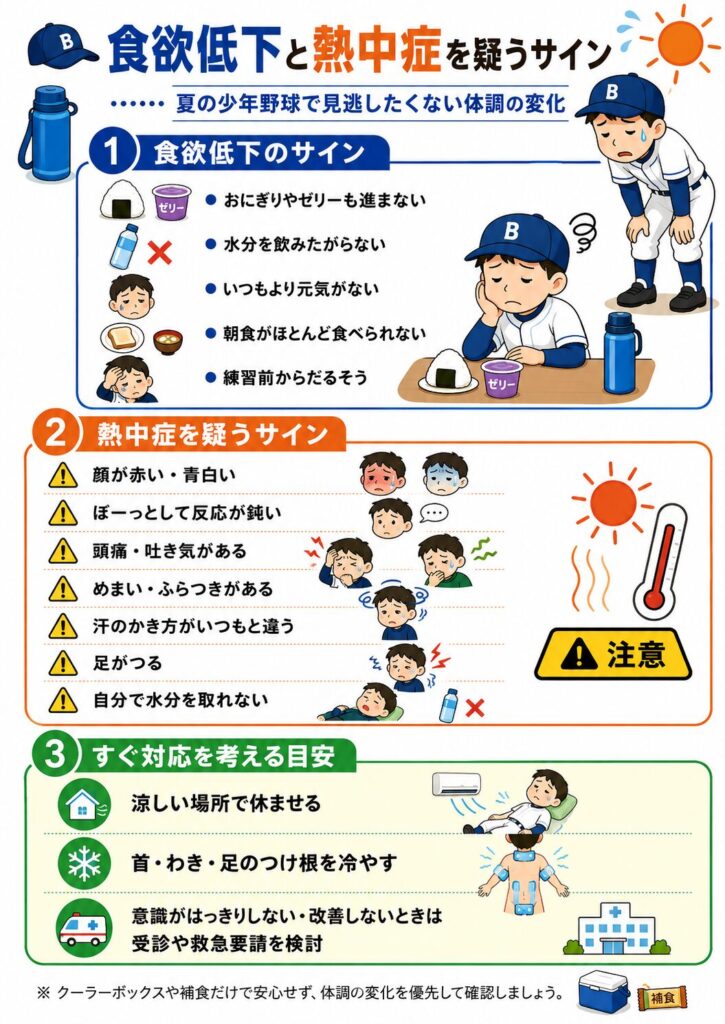 夏の少年野球で見逃したくない食欲低下と熱中症のサインをまとめた図解。
食欲低下のサインとして、おにぎりやゼリーが進まない、水分を飲みたがらない、いつもより元気がない、朝食をほとんど食べられない、練習前からだるそうといった変化を示している。
熱中症を疑うサインとして、顔色の変化、反応の鈍さ、頭痛、吐き気、めまい、ふらつき、汗のかき方の変化、足のつり、自分で水分を取れない状態を紹介している。
体調不良が見られた場合は、涼しい場所で休ませ、首、脇、足の付け根などを冷やし、意識がはっきりしない場合や症状が改善しない場合は受診や救急要請を検討する必要があることを示している。