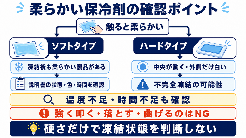 柔らかい保冷剤について、ソフトタイプとハードタイプに分け、製品特性や不完全凍結の可能性を確認する手順を示した図解