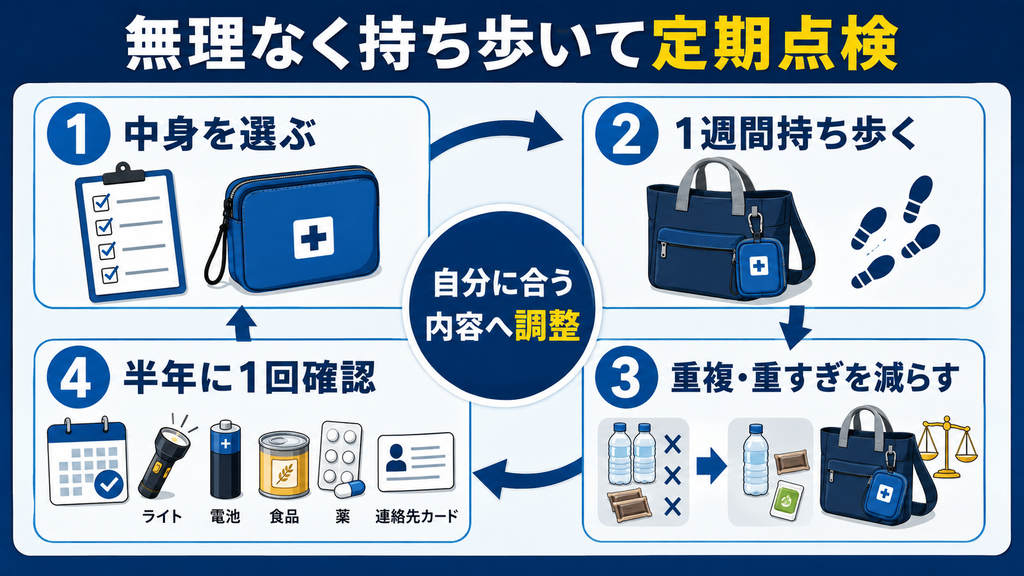 防災ポーチの中身を選び、1週間持ち歩き、重複品や重すぎる物を減らし、半年に1回点検する流れを示した図解