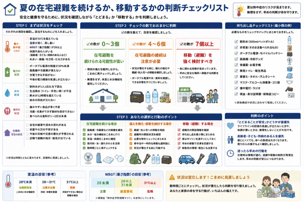 夏の停電や断水時に、在宅避難を続けるか、涼しい場所へ移動するかを判断するためのチェックリスト図解。
室温、湿度、暑さ指数、体調不良の有無、ポータブル電源や扇風機の使用状況、飲料水と生活用水、食料、自宅周辺の安全性を確認する内容になっている。
確認項目が少ない場合は、扇風機や冷蔵庫の稼働、水分補給、身体冷却を続けながら在宅避難を継続できる可能性がある。
注意項目が増えた場合は、飲料水、電源、食料を再確認し、親族宅や避難所への移動を早めに検討する。
室温上昇、電力不足、水不足、食料不足、自宅の被害などが重なった場合は、避難所やクーリングシェルターなど、安全で涼しい場所への移動を強く検討する。
移動時の持ち出し品として、飲料水、調理不要食品、ポータブル電源、モバイルバッテリー、扇風機、冷却用品、常備薬、簡易トイレ、衛生用品、着替え、ライト、ラジオ、身分証明書などを紹介している。
高齢者、子ども、持病がある人は早めに判断し、状況が変化するため数時間ごとに見直すことも案内している。
