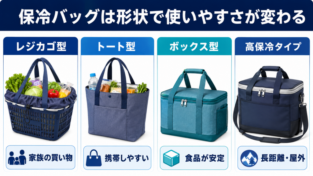 レジカゴ型・トート型・ボックス型・高保冷タイプの保冷バッグの特徴と適した用途を比較した図解