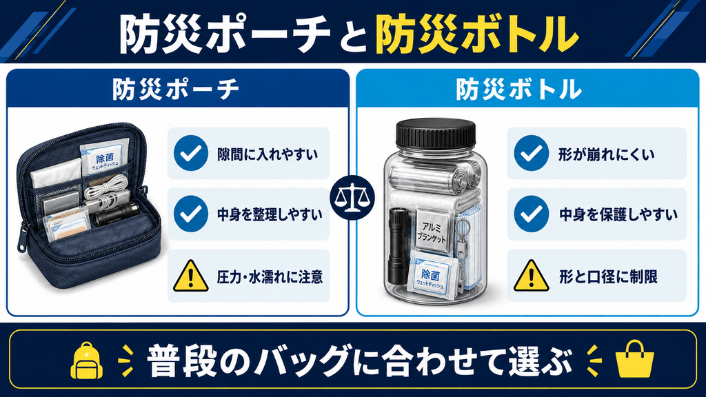 バッグの隙間へ入れやすい防災ポーチと、中身を圧迫から守りやすい防災ボトルの特徴と注意点を比較した図解
