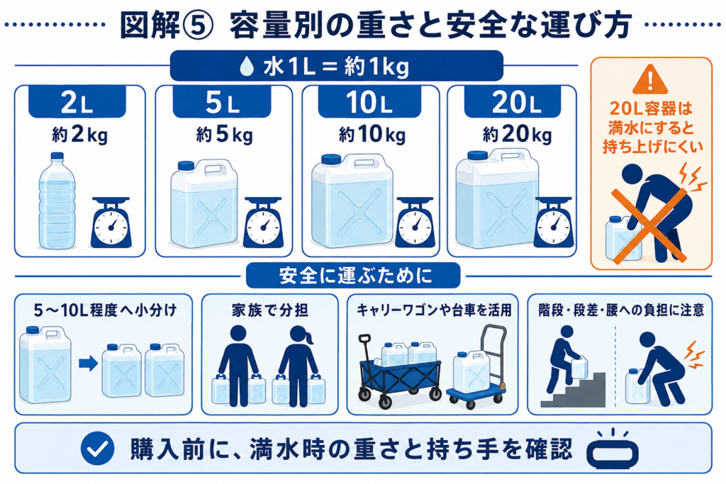 水1リットルは約1キログラムとして、給水容器の容量別の重さと安全に持ち運ぶための分け方を示した図