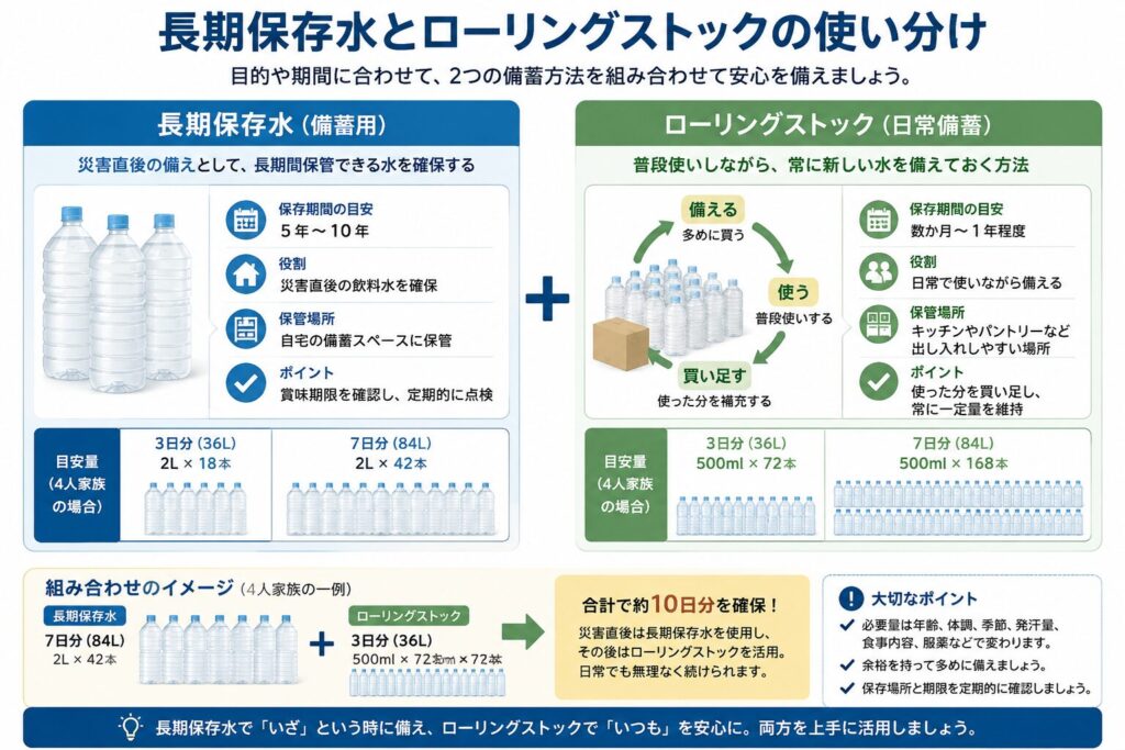 長期保存水とローリングストックによる飲料水備蓄の使い分けを比較した図解。
長期保存水は、5年から10年程度など長期間保存できる商品を、災害直後の備えとして保管する方法を示している。
長期保存水は、非常持ち出し袋、寝室、玄関、2階など、普段あまり動かさない場所へ置き、賞味期限や容器の状態を定期的に確認する。
ローリングストックは、普段飲む水を多めに購入し、古い物から使い、使った分を買い足して一定量を保つ方法を示している。
ローリングストック用の水は、キッチンやパントリーなど、日常的に出し入れしやすい場所へ保管する。
4人家族の目安として、3日分は36リットル、7日分は84リットル必要になることを示している。
2リットルのペットボトルでは、3日分が18本、7日分が42本になる。
500ミリリットルのペットボトルでは、3日分が72本、7日分が168本になる。
長期保存水だけ、または普段使いの水だけへ偏らず、両方を組み合わせて備える方法を案内している。
必要量は年齢、体調、季節、発汗量、食事内容、服薬などによって変わるため、少し余裕を持たせ、保存場所と賞味期限を定期的に確認する必要があることも示している。
