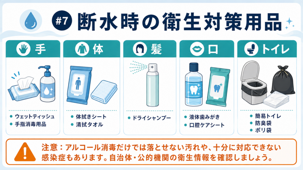 断水時の衛生対策として、手にはウェットティッシュや手指消毒剤、体には体拭きシート、髪にはドライシャンプー、口には液体歯磨き、トイレには簡易トイレや防臭袋を使用する方法を示した図解