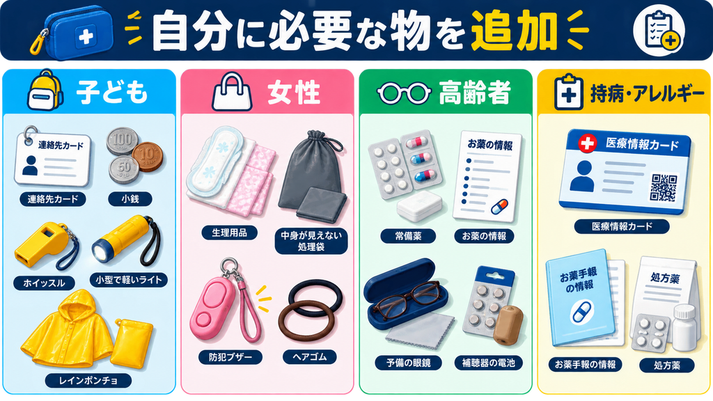 子ども、女性、高齢者、持病やアレルギーがある方が、防災ポーチへ追加したい個別用品をまとめた図解