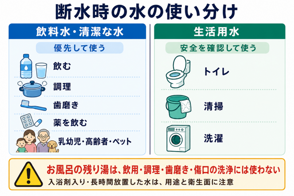 断水時の水を、飲む・調理・歯磨き・服薬などに使う飲料水と、トイレ・清掃・洗濯などに使う生活用水に分け、お風呂の残り湯を飲用や傷口の洗浄に使わない注意点を示した図解