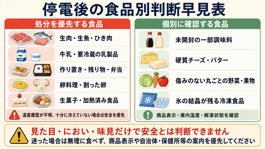 停電後の食品を「処分を優先する食品」と「商品表示・庫内温度・解凍状態を個別に確認する食品」に分け、肉・魚・牛乳・卵料理・作り置き、硬質チーズ・バター・丸ごとの野菜や果物などの判断目安と、見た目・におい・味見だけでは安全性を判断できない注意点をまとめた図解