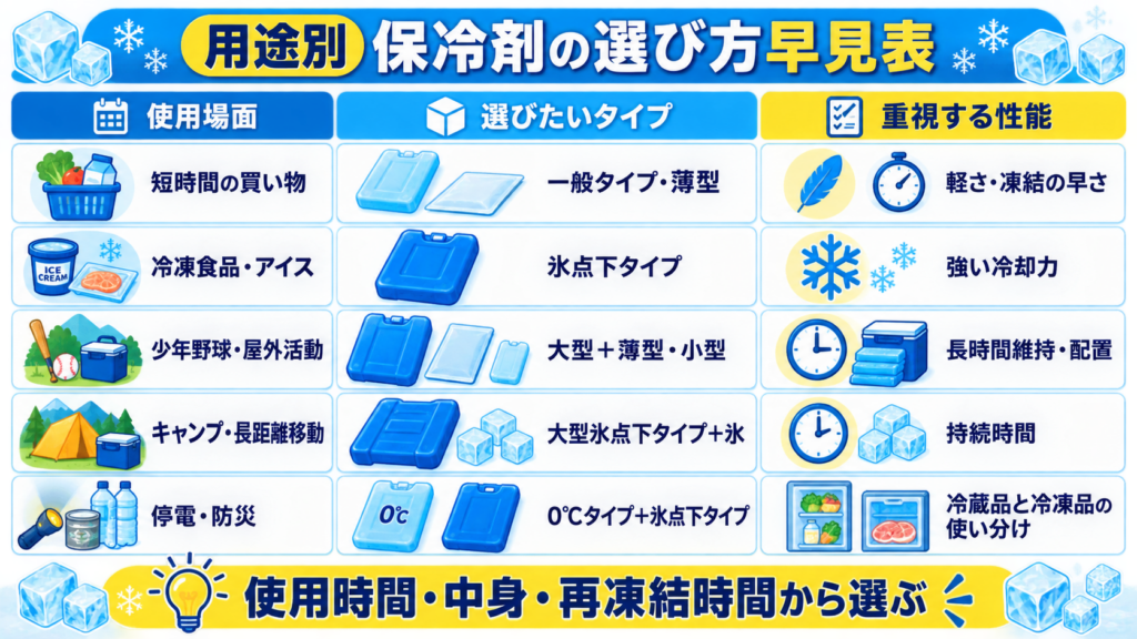 買い物、冷凍食品、少年野球や屋外活動、キャンプ、防災の用途別に適した保冷剤を示した早見表