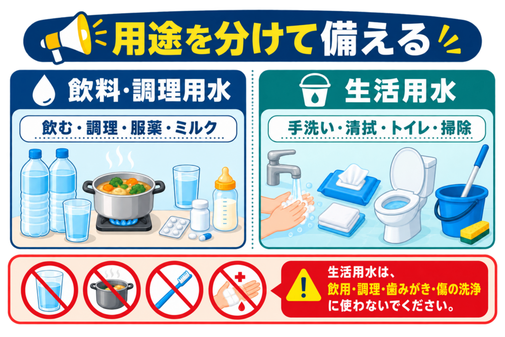 災害時の飲料・調理用水と生活用水の違いを、飲用・調理・服薬・ミルクと、手洗い・清拭・トイレ・掃除に分けた図解