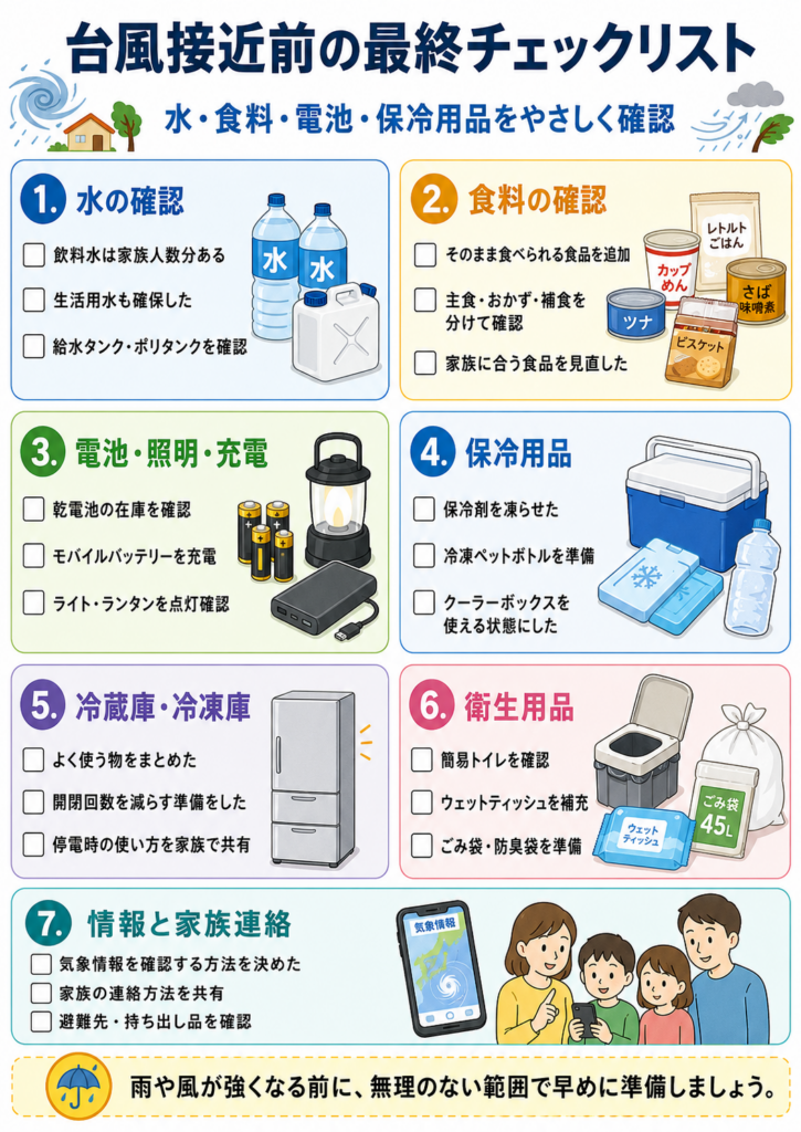 台風接近前に確認したい備えを、水、食料、電池と充電、保冷用品、冷蔵庫と冷凍庫、衛生用品、情報と家族連絡に分けてまとめた最終チェックリスト図解。
水は、家族人数分の飲料水、生活用水、給水タンクやポリタンクを確認する。
食料は、そのまま食べられる食品を追加し、主食、おかず、補食のバランスと、家族に合う食品を見直す。
電池、照明、充電機器は、乾電池の在庫、モバイルバッテリーの充電、ライトやランタンの点灯状態を確認する。
保冷用品は、保冷剤を凍らせ、凍結ペットボトルを用意し、クーラーボックスをすぐ使える状態にする。
冷蔵庫と冷凍庫は、よく使う食品をまとめ、扉の開閉回数を減らす準備と、停電時の使い方を家族で共有する。
衛生用品は、簡易トイレの数、ウェットティッシュ、ごみ袋、防臭袋などを確認する。
情報と家族連絡では、気象情報の確認方法、家族との連絡方法、避難先、非常持ち出し品を確認する。
雨や風が強くなる前に、無理のない範囲で早めに準備を終えることを案内している。