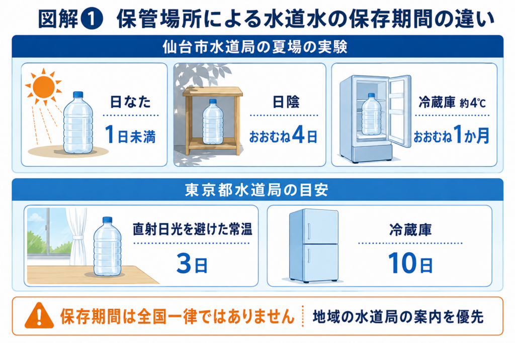 仙台市と東京都の水道局が示す、日なた・日陰・冷蔵庫など保管場所による水道水の保存期間の違い
