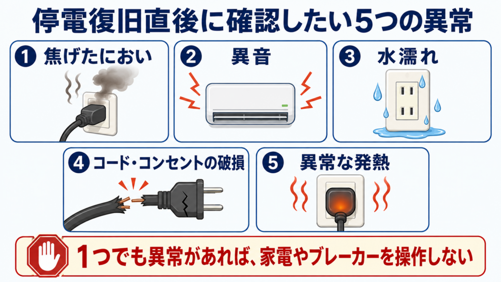 停電復旧直後に確認したい異常として、焦げたにおい、異音、水濡れ、コードやコンセントの破損、異常な発熱の5項目をまとめた図解
