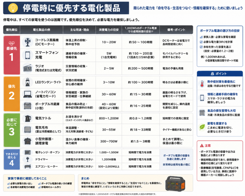 停電時に限られた電力を何へ優先して使うかを、電化製品ごとに整理した図解。
最優先として、コードレス扇風機、スマートフォンの充電、電池式または充電式ラジオを挙げ、体温上昇の抑制、連絡手段、災害情報の確保に役立つことを示している。
次に、LEDランタンやライト、ノートパソコン、小型のポータブル冷蔵庫を挙げ、夜間照明、情報確認、食品や飲料の温度管理に使う例を紹介している。
必要に応じて使う機器として、電気ケトル、電気毛布、小型炊飯器などを挙げ、消費電力が大きいため短時間の使用にとどめることを案内している。
電子レンジ、オーブン、ドライヤー、エアコン、ヒーターなどは消費電力が大きく、ポータブル電源の電力を急速に消費するため、非常時は使用をできるだけ控えることを示している。
1000Wh級のポータブル電源を使用した場合の消費電力と使用時間の目安も掲載しているが、実際の稼働時間は機器の消費電力、設定、使用環境、変換ロス、ポータブル電源の性能によって変わる。
熱中症対策、通信手段、食品の衛生管理を優先し、家族で使用する機器と順番を事前に決めておくことも案内している。
