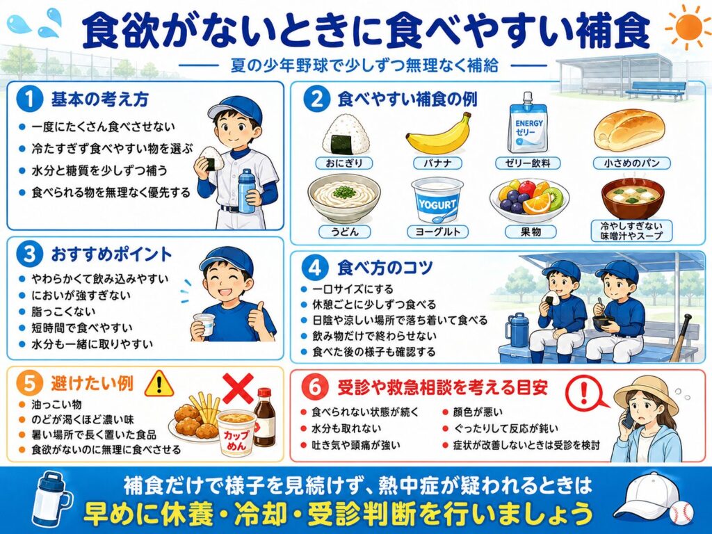 夏の少年野球で食欲がないときに食べやすい補食と、食べさせる際の注意点をまとめた図解。
基本の考え方として、一度にたくさん食べさせず、冷たすぎない食べやすい物を選び、水分と糖質を少しずつ補うことを示している。
食べやすい補食の例として、小さなおにぎり、バナナ、ゼリー飲料、小さめのパン、うどん、ヨーグルト、果物、冷やしすぎない味噌汁やスープを紹介している。
やわらかくて飲み込みやすい、においが強すぎない、脂っこくない、短時間で食べやすい、水分も一緒に取りやすい物を選ぶことがポイントとして示されている。
避けたい例として、油っこい物、味の濃い物、暑い場所へ長時間置いた食品、食欲がないのに無理に食べさせることを挙げている。
食べられない状態が続く、水分も取れない、吐き気や頭痛が強い、顔色が悪い、反応が鈍い、症状が改善しない場合は、補食だけで様子を見ず、休養、身体冷却、受診や救急相談を検討する必要があることも示している。