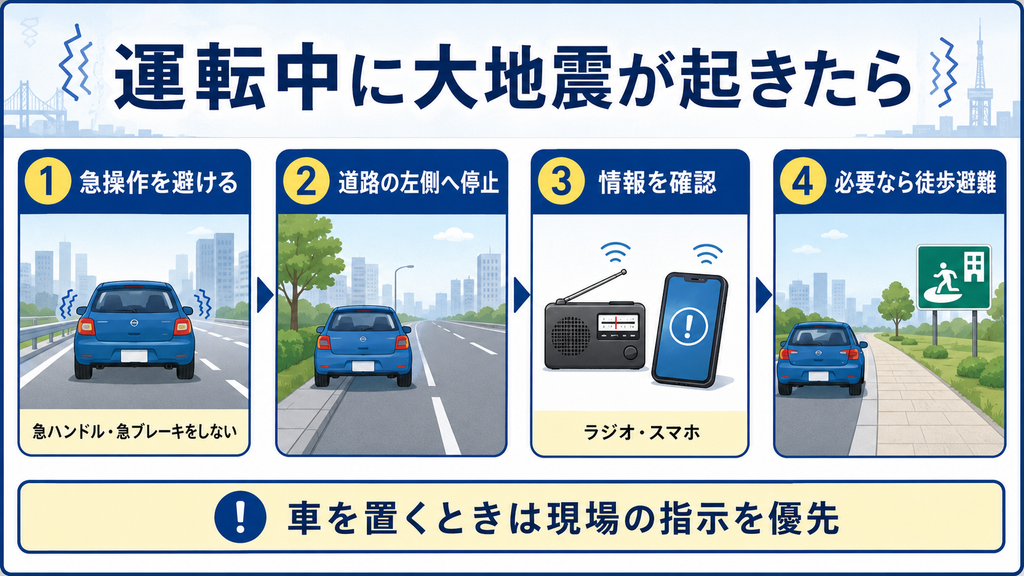 運転中に大地震が起きた場合、急操作を避け、道路の左側へ停止し、情報を確認して必要なら徒歩で避難する流れ
