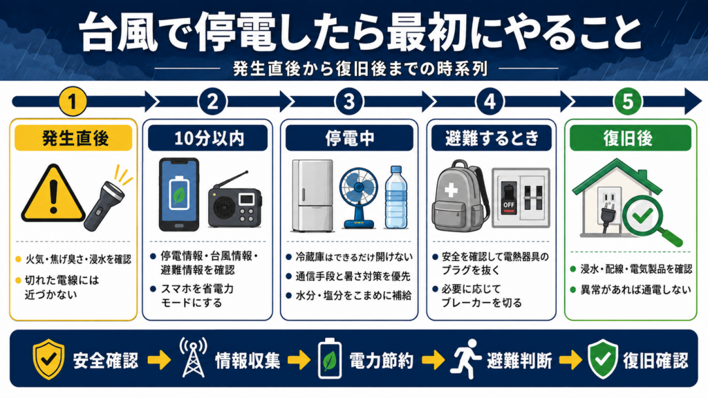 台風による停電の発生直後から復旧後までに行う安全確認・情報収集・電力節約・避難判断をまとめた時系列図解