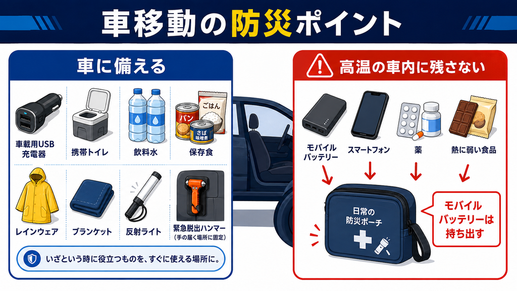 車へ備える充電器、携帯トイレ、飲料水、保存食、雨具、脱出用ハンマーと、高温の車内へ残さない物を示した図解