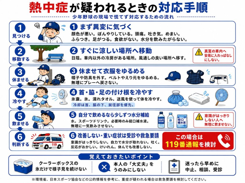 夏の少年野球で熱中症が疑われるときの対応手順を6段階で示した図解。
顔色が悪い、反応が鈍い、頭痛、吐き気、めまい、ふらつき、足のつり、食欲低下、水分を飲みたがらないといった異変に気づいたら、すぐに活動を中止して涼しい場所へ移動する。
帽子や防具を外して衣服を緩め、氷嚢、氷、濡れタオル、扇風機などを使って首、脇の下、足の付け根を冷やす。
意識がはっきりしていて自分で安全に飲める場合のみ、水、スポーツドリンク、必要時の経口補水液を少量ずつ取らせる。
意識がはっきりしない、自力で水分を取れない、何度も吐く、反応がおかしい、けいれんしている、休んでも改善しない場合は、119番通報や医療機関への相談を検討する必要があることを示している。
本人の「大丈夫」という言葉だけで判断せず、クーラーボックスの氷だけで様子を見続けないことも案内している。