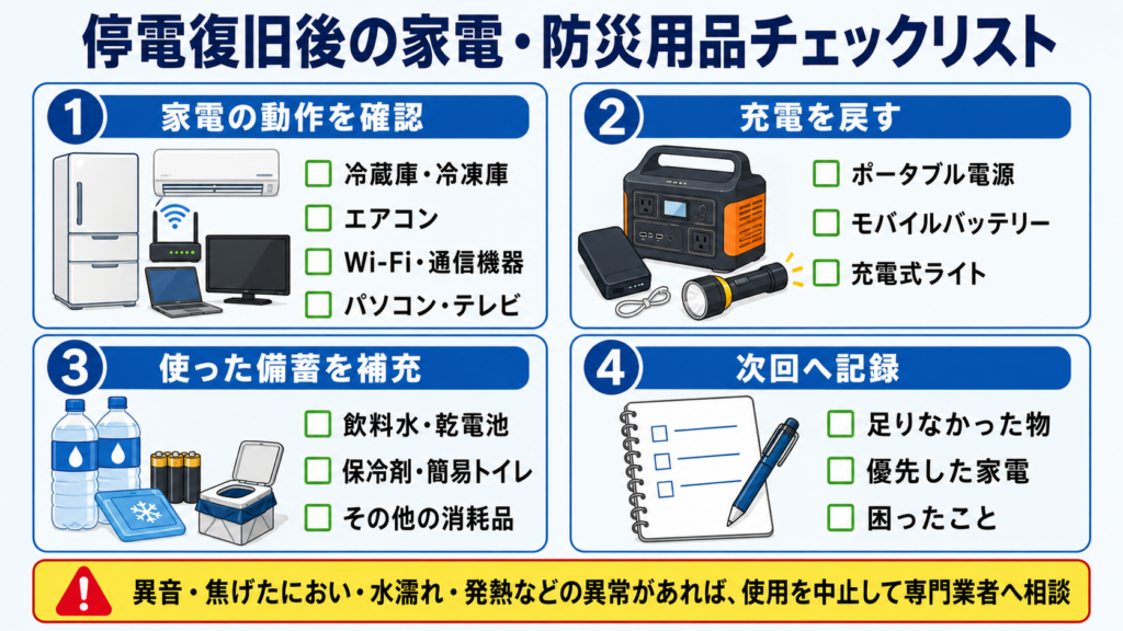 停電復旧後に確認する家電・防災用品として、冷蔵庫・エアコン・通信機器の動作確認、ポータブル電源・モバイルバッテリーの再充電、使用した備蓄の補充、次回に向けた記録をまとめたチェックリスト