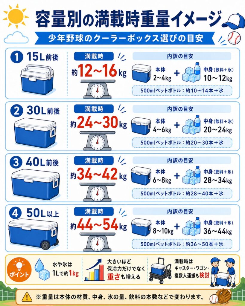 少年野球で使うクーラーボックスの満載時重量を、容量別に比較した図解。
15リットル前後は、本体と飲料や氷を合わせて約12キログラムから16キログラム。
30リットル前後は約24キログラムから30キログラム。
40リットル前後は約34キログラムから42キログラム。
50リットル以上は約44キログラムから54キログラムになるイメージを示している。
水や氷は1リットルで約1キログラムとなるため、容量が大きいほど本体だけでなく中身の重量も増える。
実際の重さは、本体の材質、飲料の本数、氷や保冷剤の量、食品の内容によって変わる。
大型クーラーボックスは1人で無理に持たず、キャスター、キャリーワゴン、複数人での運搬を検討する必要があることも案内している。
