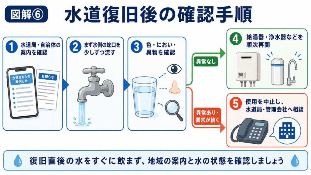 水道復旧後に、水道局・自治体の案内を確認し、水側の蛇口から水を流して色・におい・異物を確かめ、異常がなければ給湯器や浄水器などを順次再開し、異常が続く場合は使用を中止して相談する手順を示した図解