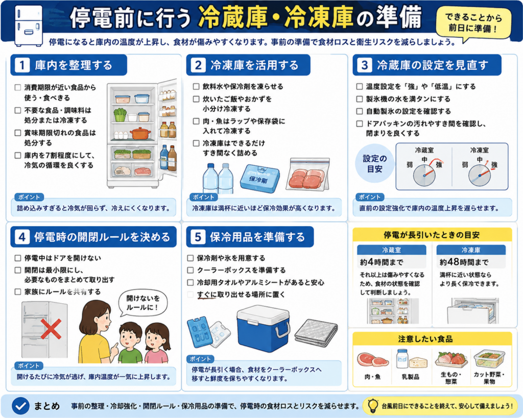 停電前に行う冷蔵庫と冷凍庫の準備をまとめた図解。
冷蔵庫は賞味期限が近い食品から使い、不要な食品を整理し、庫内を7割程度にして冷気が循環しやすい状態にする。
冷凍庫は飲料水や保冷剤、食材を凍らせ、できるだけ隙間を少なくすることで、停電時の保冷効果を高める。
台風接近前は冷蔵庫と冷凍庫の温度設定を見直し、ドアパッキンの汚れや隙間も確認する。
停電中は扉をむやみに開けず、必要な物をまとめて短時間で取り出すルールを家族で共有する。
停電が長引いた場合に備えて、保冷剤、氷、クーラーボックス、冷却用タオル、アルミシートなどを取り出しやすい場所へ準備する。
冷蔵室は扉を閉めた状態で約4時間、冷凍庫は中身が十分に入った状態で約48時間が一つの目安として示されているが、実際の保冷時間は機種、外気温、庫内の量、設定、開閉回数によって変わる。
肉、魚、乳製品、生もの、惣菜、カット野菜、果物などは傷みやすいため、停電が長引く場合は状態を確認し、無理に食べない判断も必要である。