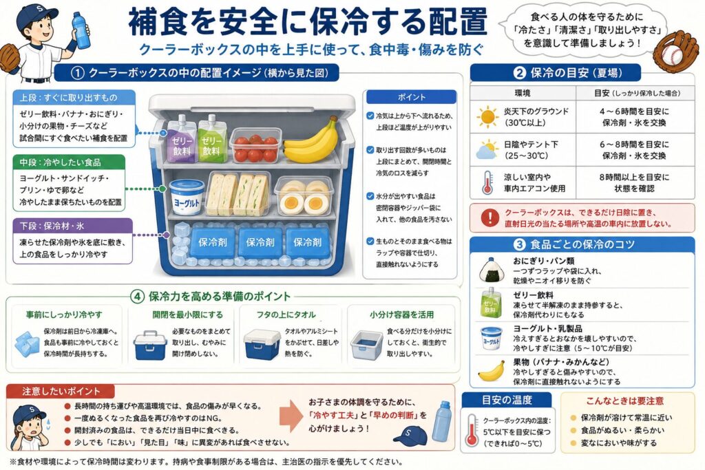 夏の少年野球で補食を安全に保冷するための、クーラーボックス内の配置と管理方法をまとめた図解。
クーラーボックスの底に氷や保冷剤を敷き、中段にヨーグルト、サンドイッチ、ゆで卵など冷やして保管したい食品を置き、上段にはゼリー飲料、バナナ、おにぎり、小分けの果物など、試合間に取り出しやすい補食を配置している。
水分が出やすい食品は密閉容器や袋へ入れ、生ものやそのまま食べる食品が直接触れないように分けることを示している。
保冷力を高める準備として、保冷剤と食品を事前に冷やし、ふたの開閉を最小限にし、クーラーボックスを日陰へ置き、必要な分だけ小分けにする方法を紹介している。
おにぎりやパン、ゼリー飲料、ヨーグルト、果物など、食品ごとの保管上の注意点も示している。
保冷剤が溶けて庫内がぬるい、食品が柔らかくなっている、においや見た目、味に異変がある場合は食べさせないことも案内している。
食品の安全性は、気温、保管時間、調理方法、クーラーボックスの性能によって変わるため、冷やす工夫だけでなく、早めに判断することが大切であることを示している。