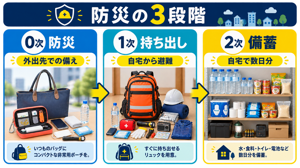 外出先で使う0次防災、自宅から避難するときの1次持ち出し、自宅で数日間生活するための2次備蓄を比較した図解
