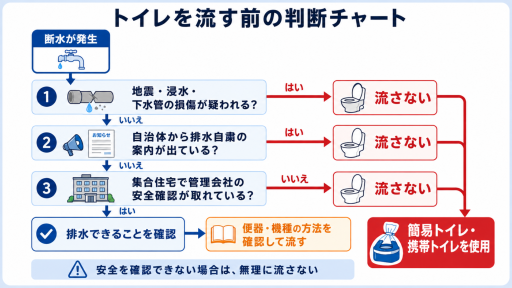 断水時にトイレを流す前に、配管の損傷、自治体の排水自粛、集合住宅の管理会社からの案内を確認し、安全が分からない場合は簡易トイレを使用する判断手順を示したチャート