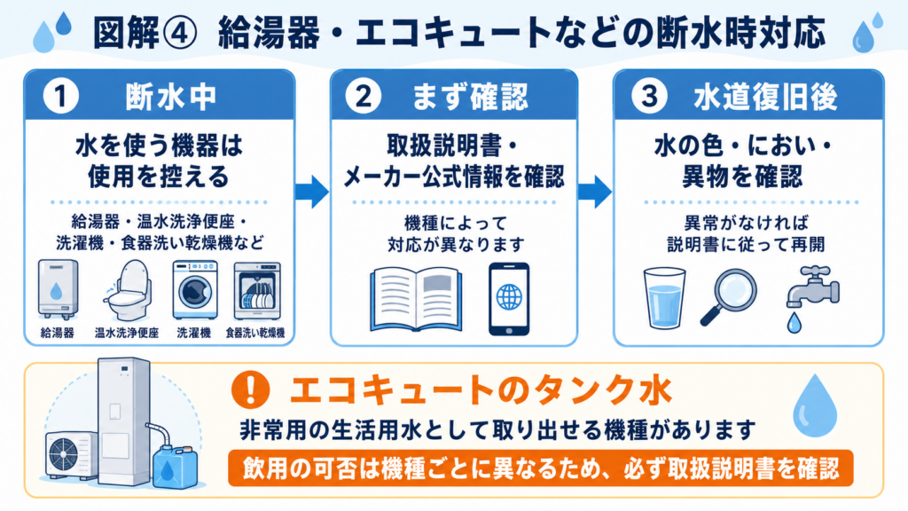断水時に給湯器・エコキュート・温水洗浄便座・食器洗い乾燥機・洗濯機の使用を控え、取扱説明書を確認し、水道復旧後に水の色やにおいを確かめてから使用を再開する流れを示した図解