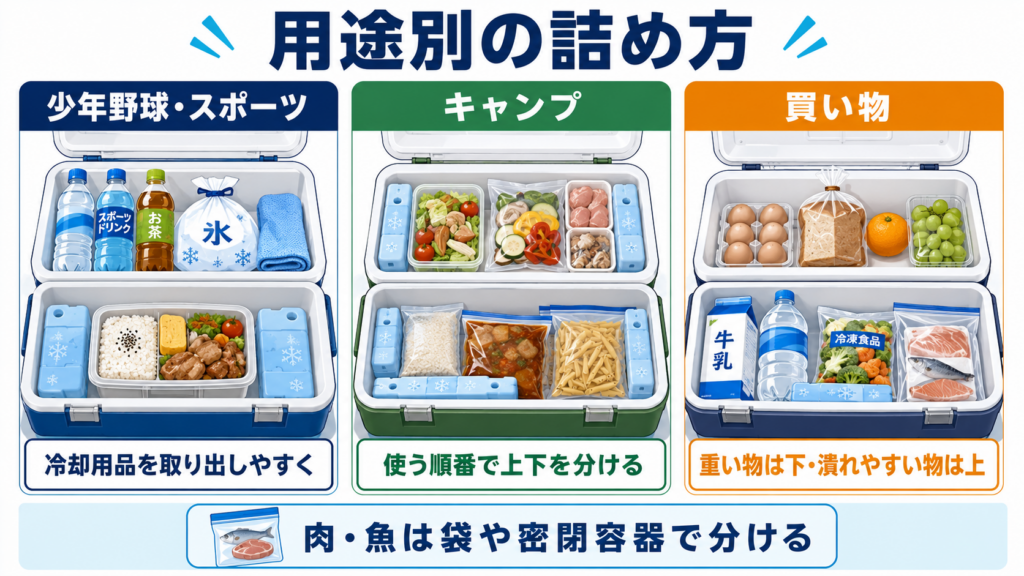 少年野球では冷却用品を取り出しやすくし、キャンプでは使う順番、買い物では重さと潰れやすさで分ける詰め方を示した図解