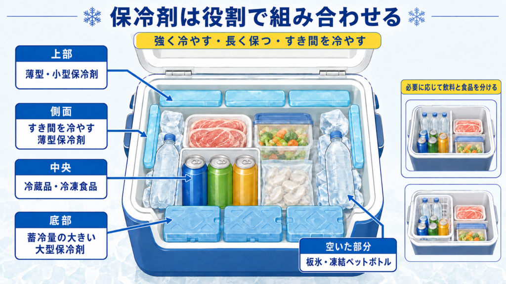 大型保冷剤、薄型保冷剤、氷や凍結ペットボトルをクーラーボックス内で組み合わせる方法