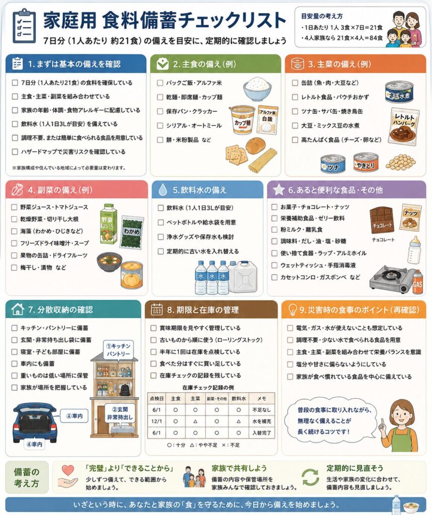 家庭で備える災害用食料を、必要食数、主食、主菜、副菜、飲料水、補助用品、分散収納、期限管理の項目に分けて確認できる総合チェックリスト図解。
食料は1人1日3食を一つの目安として、7日分では1人21食、4人家族では84食になることを示している。
主食として、パックご飯、アルファ米、乾麺、即席麺、保存パン、クラッカー、シリアルなどを確認する。
主菜として、魚や肉の缶詰、レトルト食品、ツナ缶、焼き鳥缶、豆類など、たんぱく質を補える食品を確認する。
副菜として、野菜ジュース、乾燥野菜、海藻、フリーズドライスープ、果物の缶詰などを確認する。
飲料水は1人1日3リットルを一つの目安として備え、給水容器や保存水、定期的な入れ替えも確認項目としている。
菓子、ナッツ、栄養補助食品、乳幼児用食品、調味料、使い捨て食器、カセットコンロなども、家族構成や状況に応じて準備する。
食品はキッチン、玄関、寝室、車内などへ分散し、重い物は低い位置へ置き、家族全員で保管場所を共有するよう案内している。
賞味期限、在庫数、包装の破損、食べた分の補充を定期的に確認し、ローリングストックを続けることも示している。
電気、ガス、水道が使えない状況を想定し、調理不要または少量の水で食べられる食品を含める必要があることをまとめている。
