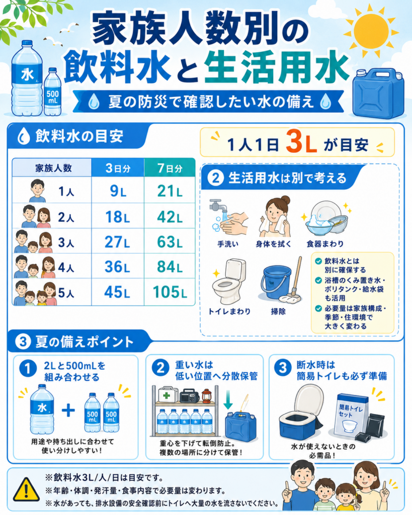 家族人数別に必要な飲料水の備蓄量と、飲料水とは別に準備したい生活用水をまとめた図解。
飲料水は1人1日3リットルを目安とし、1人では3日分9リットル、7日分21リットル。
2人では3日分18リットル、7日分42リットル。
3人では3日分27リットル、7日分63リットル。
4人では3日分36リットル、7日分84リットル。
5人では3日分45リットル、7日分105リットルになる目安を示している。
生活用水は、手洗い、身体を拭く、食器まわり、トイレ、掃除などに使う水として、飲料水とは別に確保する必要があることを案内している。
2リットルと500ミリリットルのペットボトルを組み合わせること、重い水は低い位置へ分散収納すること、断水時に備えて簡易トイレも準備することを紹介している。
必要量は年齢、体調、発汗量、食事内容、家族構成、季節、住環境によって変わるため、家庭の状況に合わせて調整する必要がある。
排水設備の安全が確認できるまでは、トイレへ大量の水を流さないよう注意することも示している。
