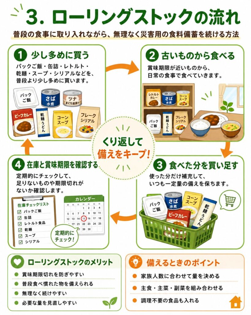 災害用の食料を無理なく備蓄するローリングストックの流れを、4つの手順でまとめた図解。
最初に、パックご飯、缶詰、レトルト食品、乾麺、スープ、シリアルなど、普段食べる食品を少し多めに購入する。
次に、賞味期限が近い物や古い物から日常の食事へ取り入れて食べる。
食べた分を買い足し、家庭内の備蓄量を一定に保つ。
その後、在庫数と賞味期限を定期的に確認し、不足や期限切れがないか見直す。
この流れを繰り返すことで、賞味期限切れを防ぎやすくなり、普段食べ慣れた食品を災害時にも使えることを示している。
備えるときは、家族人数に合わせて量を決め、主食、主菜、副菜を組み合わせ、調理不要の食品も含めることを案内している。
