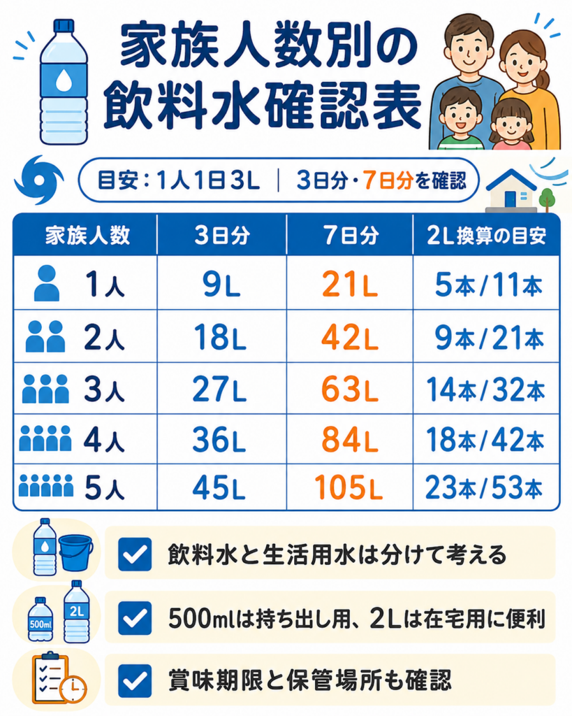 家族人数別に、飲料水の3日分と7日分の必要量をまとめた確認表。
飲料水は1人1日3リットルを目安とし、1人では3日分9リットル、7日分21リットル。
2人では3日分18リットル、7日分42リットル。
3人では3日分27リットル、7日分63リットル。
4人では3日分36リットル、7日分84リットル。
5人では3日分45リットル、7日分105リットルになる目安を示している。
2リットルのペットボトルへ換算した場合は、1人で3日分5本、7日分11本、2人で9本と21本、3人で14本と32本、4人で18本と42本、5人で23本と53本が目安となる。
飲料水と生活用水は分けて考えること、500ミリリットルは持ち出し用、2リットルは在宅用に使いやすいこと、賞味期限と保管場所も確認することを案内している。
必要量は年齢、体格、気温、活動量、服薬状況などによって変わるため、家庭の状況に合わせて調整する必要がある。