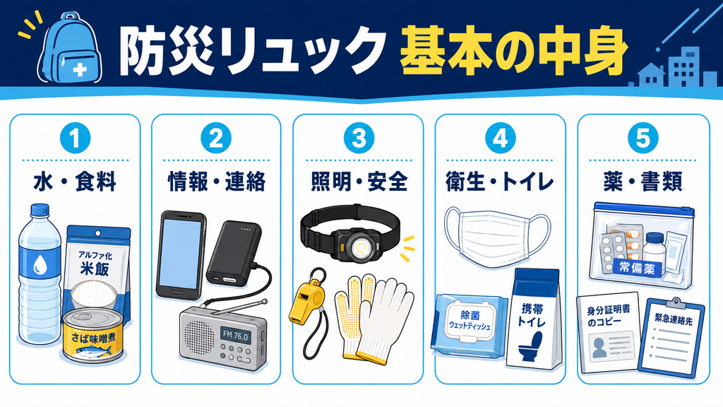 防災リュックへ入れる基本用品を、水・食料、情報・連絡、照明・安全、衛生・トイレ、薬・書類の5種類に分けた図解