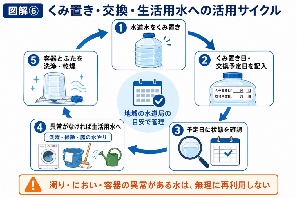 水道水をくみ置きし、期限内に交換して、古い水を状態に応じて生活用水へ活用する備蓄管理のサイクル