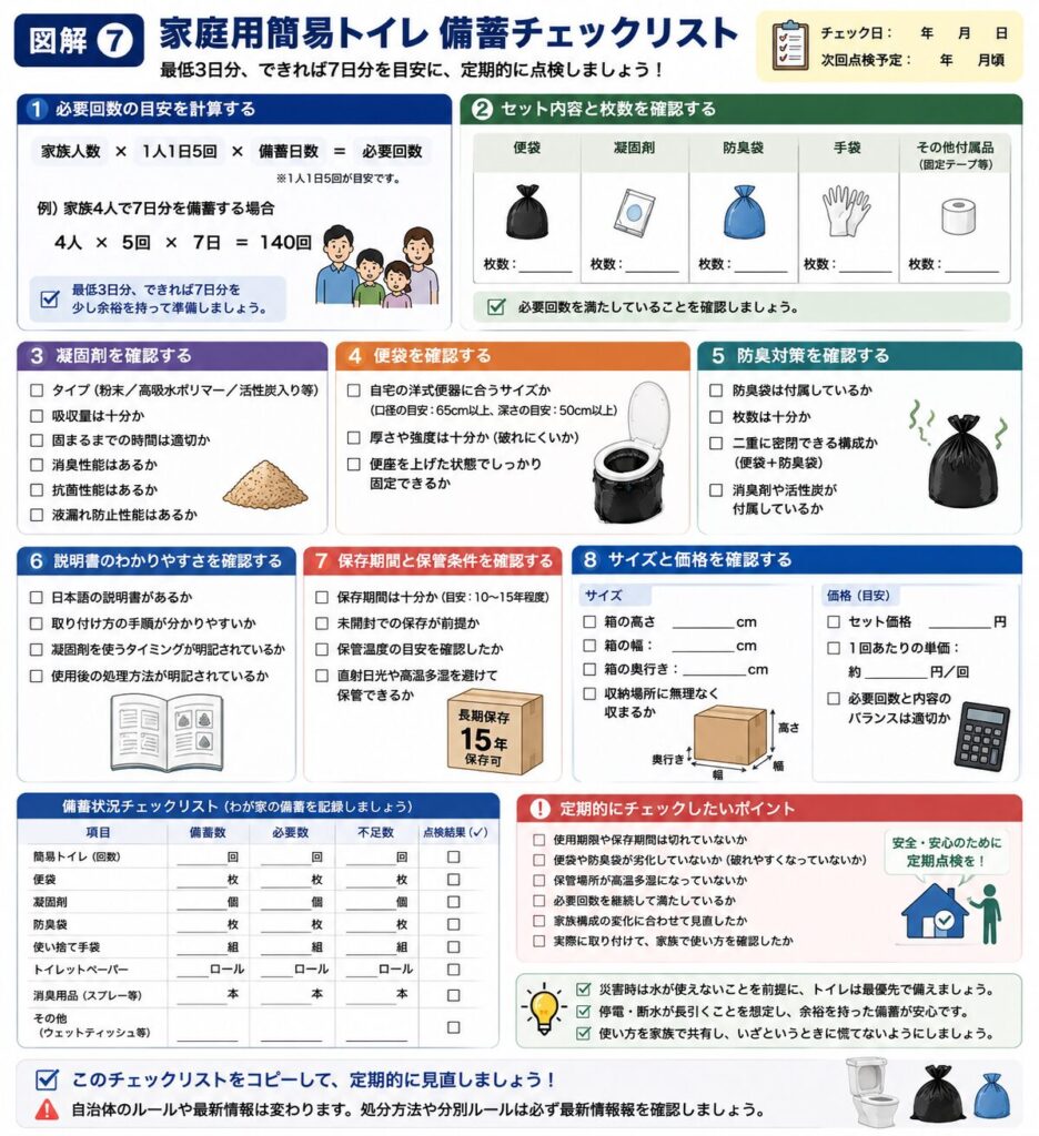 家庭用簡易トイレの備蓄状況を確認するための総合チェックリスト図解。
家族人数、1人1日5回、備蓄日数から必要回数を計算し、4人家族で7日分を備える場合は140回が一つの目安になることを示している。
便袋、凝固剤、防臭袋、使い捨て手袋、トイレットペーパーなどのセット内容と枚数を記録し、必要数を満たしているか確認できる構成になっている。
凝固剤の種類、吸収量、固まるまでの時間、消臭性能、抗菌性能、液漏れ防止性能を確認する項目をまとめている。
便袋は自宅の洋式便器に合う大きさか、十分な厚さと強度があるか、便座を上げた状態で固定できるかを確認する。
防臭袋の有無と枚数、二重に密閉できる構成、消臭剤などの付属品も確認項目としている。
日本語の説明書があるか、取り付け方、凝固剤を使うタイミング、使用後の処理方法が分かりやすいかを確認する。
保存期間、未開封での保管条件、保管温度、直射日光や高温多湿を避けられるかも点検する。
箱の高さ、幅、奥行き、収納場所、セット価格、1回当たりの価格を記入し、必要数と内容のバランスを判断できるようにしている。
備蓄数、必要数、不足数を記録し、使用期限、袋の劣化、保管場所、家族構成の変化、取り付け練習などを定期的に確認するよう案内している。
自治体の処分方法や分別ルールは災害状況によって変わるため、発災後は最新情報を確認する必要があることも示している。