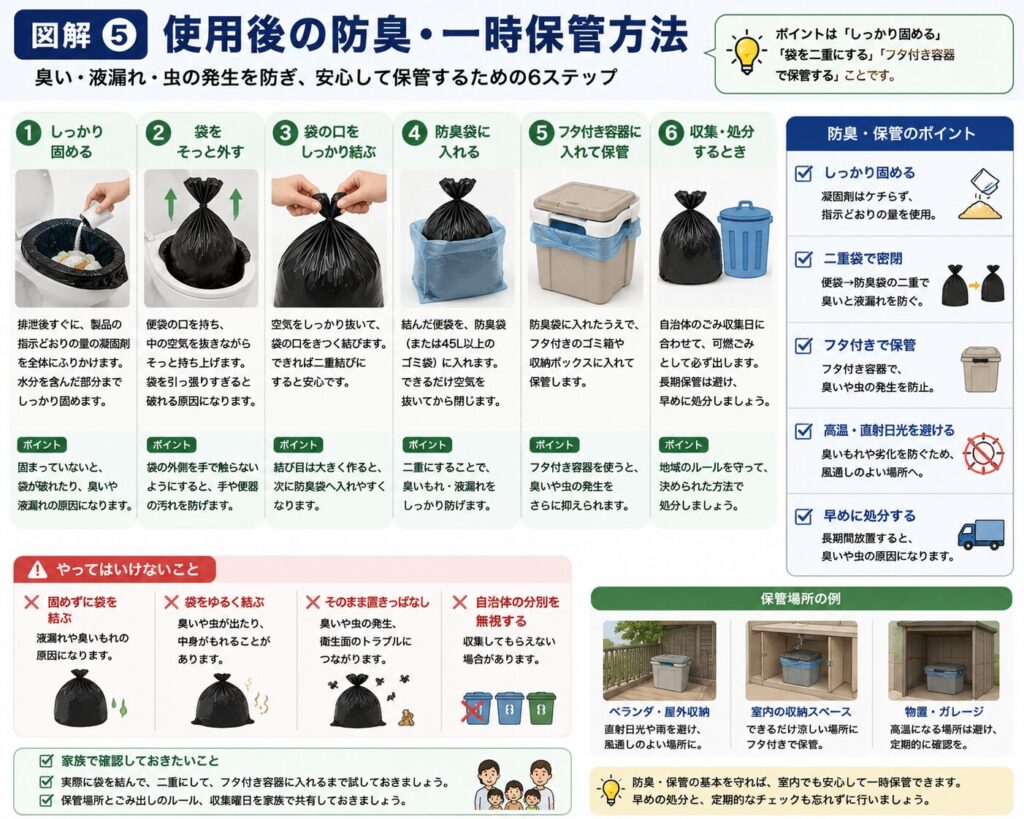 使用済みの簡易トイレの臭い、液漏れ、袋の破損を抑えながら、一時保管する基本手順をまとめた図解。
排泄後は商品の説明書に従って凝固剤を使用し、排泄物が固まったことを確認してから便袋を便器から静かに外す。
便袋の口を確実に結び、防臭袋などの外袋へ入れて二重に密閉する。
密閉した袋は、倒れにくく袋を傷つけにくいふた付き容器へ入れ、食品や飲料水、子どもやペットが触れる場所から離して保管する。
保管場所は、高温、直射日光、雨水を避け、できるだけ温度変化の少ない場所を選ぶ。
便袋を固めずに結ぶこと、袋の口を緩く閉じること、長期間そのまま放置すること、自治体の分別方法を確認せずに処分することは避けるよう案内している。
ベランダ、共用廊下、避難通路などへ自己判断で置かず、集合住宅では管理規約や管理会社の案内も確認する必要がある。
使用済み簡易トイレの収集日、分別方法、使用するごみ袋は地域や災害状況によって異なるため、自治体の最新案内に従って処分することを示している。