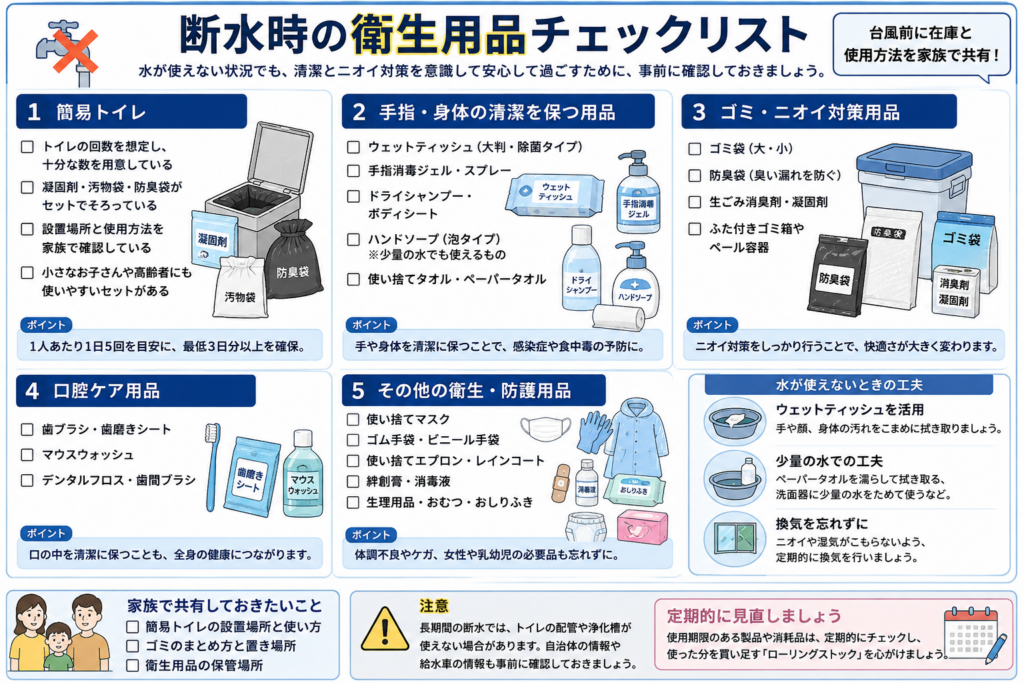 断水時に備えて確認したい衛生用品をまとめたチェックリスト図解。
簡易トイレは、家族人数と使用回数に合う数の凝固剤、汚物袋、防臭袋を準備し、設置場所と使い方を家族で共有する。
手指や身体の清潔を保つ用品として、大判のウェットティッシュ、手指消毒ジェル、ドライシャンプー、身体拭きシート、少量の水で使えるハンドソープ、使い捨てタオルなどを紹介している。
ごみとにおい対策として、大小のごみ袋、防臭袋、生ごみ用消臭剤、ふた付きごみ箱や密閉容器を準備する。
口腔ケア用品として、歯ブラシ、歯磨きシート、マウスウォッシュ、デンタルフロス、歯間ブラシなどを示している。
そのほか、使い捨てマスク、ゴム手袋、使い捨てエプロン、消毒液、絆創膏、生理用品、おむつ、おしり拭きなど、家族の状況に合わせた衛生用品も確認する。
水が使えないときは、ウェットティッシュで汚れを拭き取り、少量の水を工夫して使い、室内の換気も行う。
簡易トイレの設置場所、ごみの保管場所、衛生用品の保管場所を家族で決め、使用期限を定期的に確認しながらローリングストックすることを案内している。