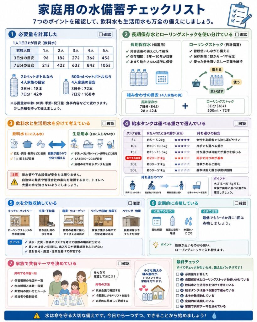 家庭用の水備蓄について、必要量、保存方法、生活用水、給水タンク、分散収納、定期点検、家族での共有を確認できる総合チェックリスト図解。
飲料水は1人1日3リットルを一つの目安として、1人から5人家族までの3日分と7日分の必要量を一覧にしている。
4人家族では、3日分が36リットル、7日分が84リットルとなり、2リットルのペットボトルでは18本と42本、500ミリリットルでは72本と168本になることを示している。
長期保存水と、普段使いながら補充するローリングストックを組み合わせて備える方法を案内している。
飲料水と生活用水は用途を分け、浴槽の残り湯などを飲料水として使用しないことや、排水設備の安全確認前にトイレへ大量の水を流さないことを注意喚起している。
給水タンクは5リットル、10リットル、15リットル、20リットルなど容量別の重さを確認し、家族が実際に運べる大きさを選ぶ必要があることを示している。
水はキッチン、玄関、寝室、リビング収納、2階などへ分散し、重い物は低い位置へ置き、避難経路をふさがないよう案内している。
賞味期限、容器の変形、水漏れ、におい、保管環境を定期的に点検し、保管場所や給水時の役割を家族で共有することもまとめている。

